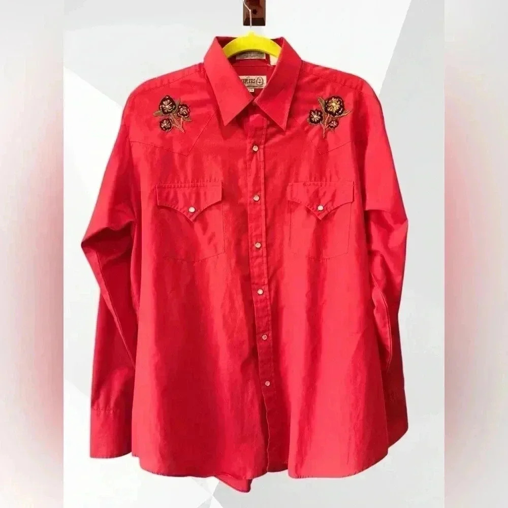 Hand embroidered VTG red Sheplers pearl snap Western reworked Shirt-XL 16.5